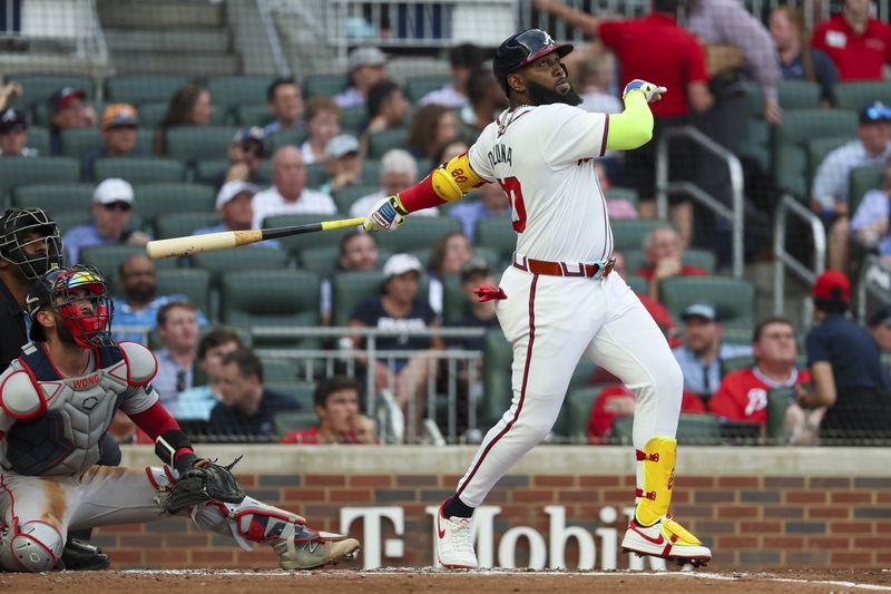 Atlanta Braves designated hitter Marcell Ozuna (20) hits a three-run home run during the first inning against the Boston Red Sox at Truist Park, Wednesday, May 8, 2024, in Atlanta.  (Jason Getz / AJC)
