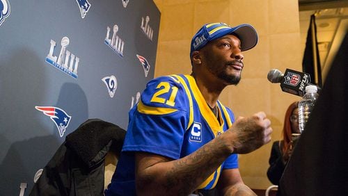 Los Angeles Rams cornerback Aqib Talib (21) speaks during the Rams news conference at the Atlanta Marriott Buckhead Hotel, Wednesday, January 30, 2019. (ALYSSA POINTER/ALYSSA.POINTER@AJC.COM)