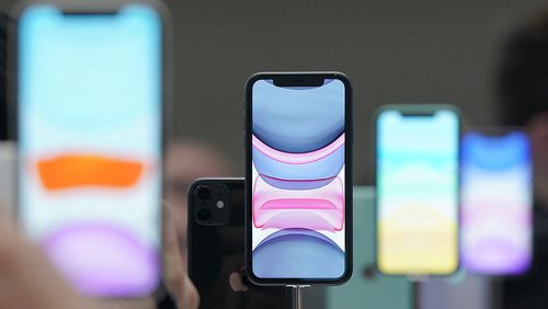 iPhones are displayed during an event in Cupertino, Calif., on Tuesday, Sept. 10, 2019. A 12-year-old girl in Tennessee has been charged with murder, accused of smothering her 8-year-old cousin as the younger girl slept on July 15, 2024. A relative said they had been arguing over an iPhone. (AP Photo/Tony Avelar)