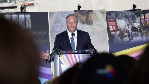 Second gentleman Doug Emhoff gives remarks during the groundbreaking ceremony for the new Tree of Life complex in Pittsburgh, Sunday, June 23, 2024. The new structure is replacing the Tree of Life synagogue where 11 worshipers were murdered in 2018 in the deadliest act of antisemitism in U.S. history. (AP Photo/Rebecca Droke)