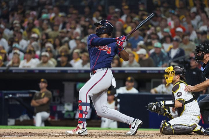 Atlanta Braves outfielder Jorge Soler hits a solo homer against the San Diego Padres during the fifth inning of National League Division Series Wild Card Game Two at Petco Park in San Diego on Wednesday, Oct. 2, 2024.   (Jason Getz / Jason.Getz@ajc.com)