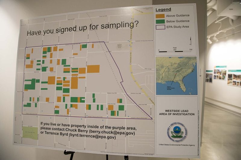 Information pertaining to Atlanta’s Westside lead area of investigation is displayed during an United States Environmental Protection Agency Investigation and Clean Up public meeting at the YMCA of Metro Atlanta in Atlanta’s Vine City neighborhood, Thursday, January 23, 2020. ALYSSA POINTER / ALYSSA.POINTER@AJC.COM