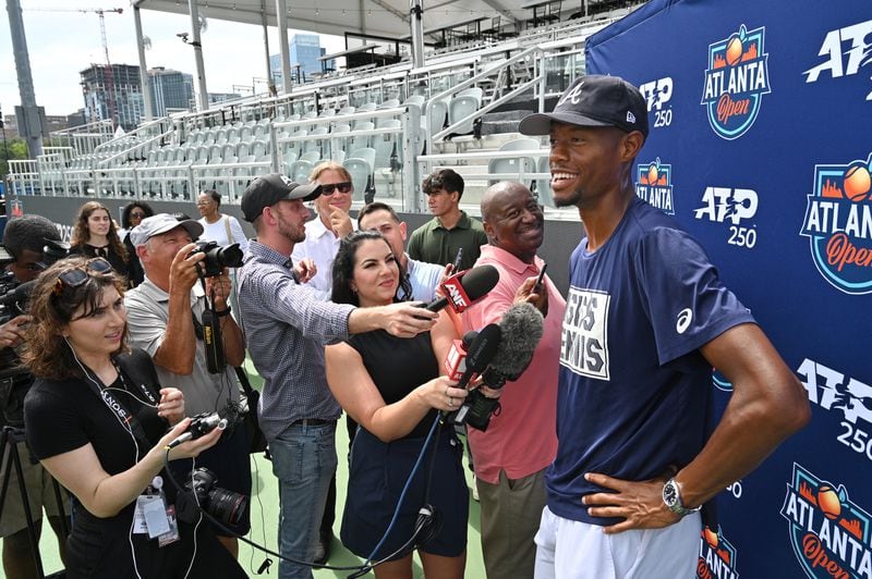 Chris Eubanks speaks to members of the press after he played to christen the stadium court for this year’s tournament at Atlantic Station, Friday, July 21, 2023, in Atlanta. 2023 Atlanta Open players Chris Eubanks, Ethan Quinn, and Trent Bryde, as well as tennis enthusiast and Atlanta Hawks Assistant General Manager Kyle Korver, as they christen the stadium court for this year’s tournament. (Hyosub Shin / Hyosub.Shin@ajc.com)