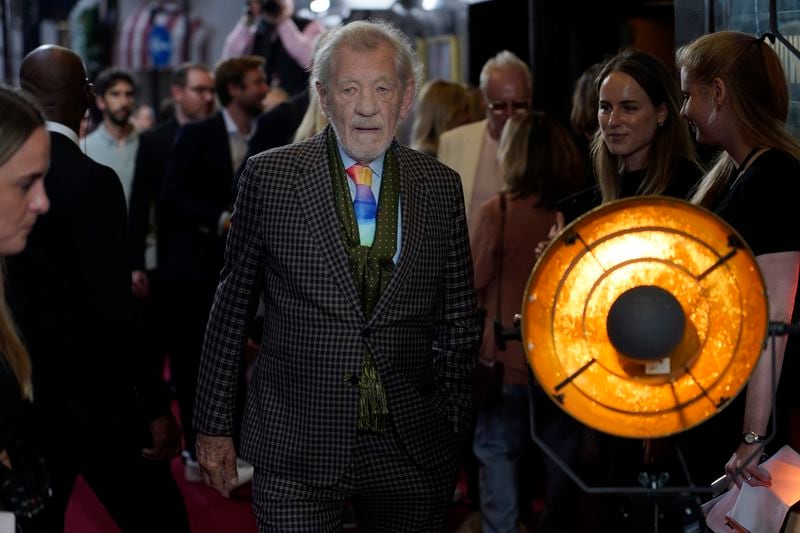 Ian McKellen, walks towards the photographers upon arrival at the European Premiere of the The Critic, In London, Monday, Sept. 2, 2024. (AP Photo/Alberto Pezzali)