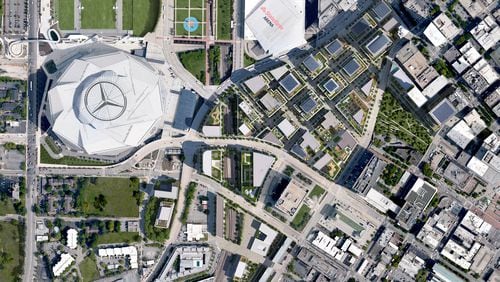 An aerial rendering of the layout of Centennial Yards in downtown Atlanta. (Credit: DBOX for Centennial Yards)