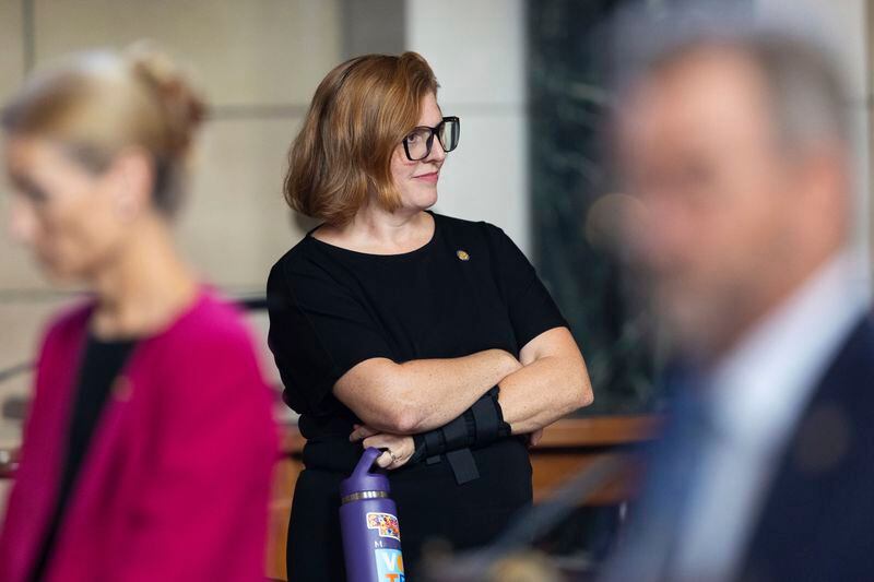 State Sen. Machaela Cavanaugh works on the legislative floor of the Nebraska State Capitol during the 108th Legislature 1st Special Session, Aug. 8, 2024, in Lincoln, Neb. (AP Photo/Rebecca S. Gratz)