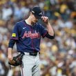 Atlanta Braves pitcher Max Fried centers himself after giving up five runs to the San Diego Padres during the second inning of National League Division Series Wild Card Game Two at Petco Park in San Diego on Wednesday, Oct. 2, 2024.   (Jason Getz / Jason.Getz@ajc.com)