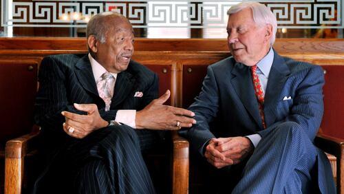 Former state Sen. Leroy Johnson and former Gov. Carl Sanders, in the state Capitol in 2008. AJC file