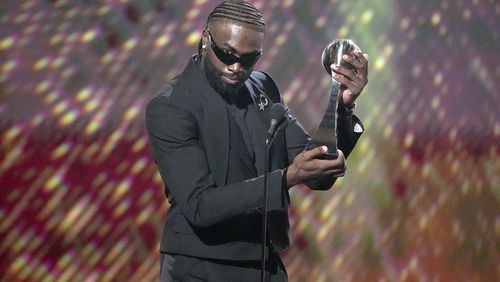 Jaylen Brown of the Boston Celtics speaks after receiving the Best Championship Performance award at the ESPY awards, Thursday, July 11, 2024, at the Dolby Theatre in Los Angeles. (AP Photo/Mark J. Terrill)