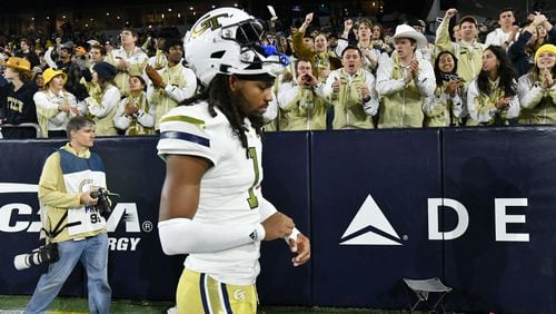 Georgia Tech defensive back LaMiles Brooks (1) reacts as he leaves after Georgia beat Georgia Tech during an NCAA college football game at Georgia Tech's Bobby Dodd Stadium, Saturday, November 25, 2023, in Atlanta. Georgia won 31-23 over Georgia Tech. (Hyosub Shin / Hyosub.Shin@ajc.com)