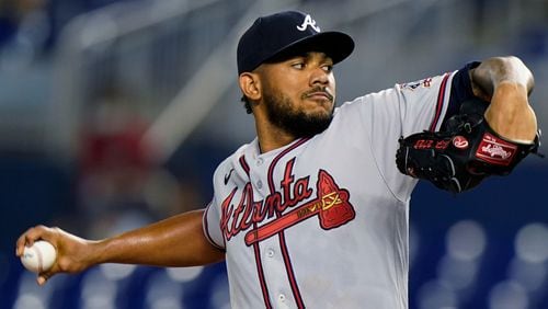 Braves starting pitcher Huascar Ynoa winds up during the first inning Tuesday, Aug. 17, 2021, against the Marlins in Miami. It was Ynoa's first major league start since injuring his hand in May. (Wilfredo Lee/AP)