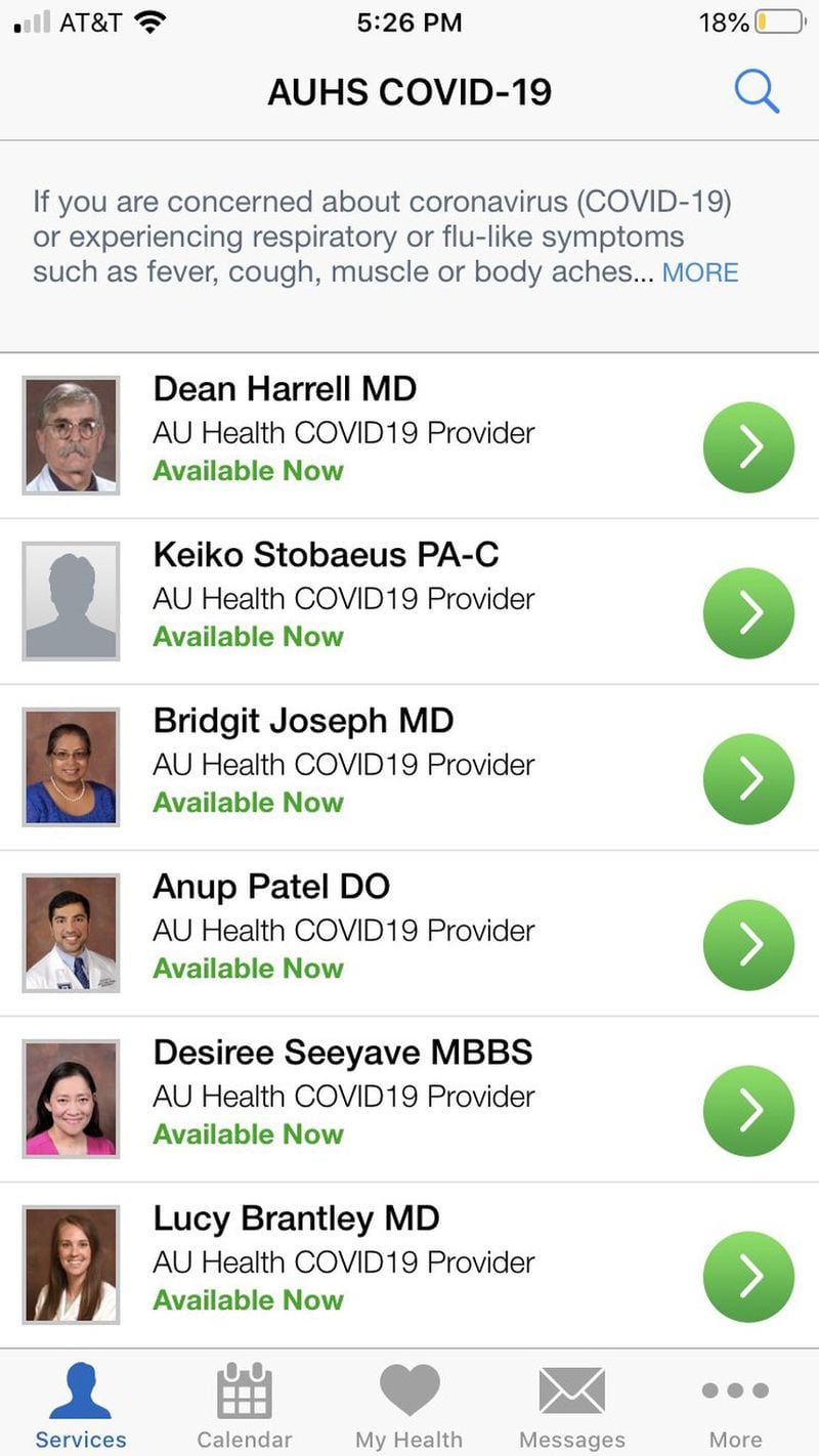 A screen grab of the smartphone version of the AU Health ExpressCare app, a screening tool launched statewide to help Georgians access testing for the coronavirus.