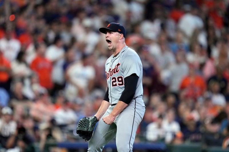 Detroit Tigers starting pitcher Tarik Skubal reacts after striking out Houston Astros' Yainer Diaz during the sixth inning of Game 1 of an AL Wild Card Series baseball game, Tuesday, Oct. 1, 2024, in Houston. (AP Photo/Kevin M. Cox)