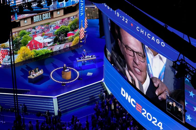 Pennsylvania Gov. Josh Shapiro casts their votes for Democratic presidential nominee Vice President Kamala Harris during the Democratic National Convention Tuesday, Aug. 20, 2024, in Chicago. (AP Photo/Morry Gash)