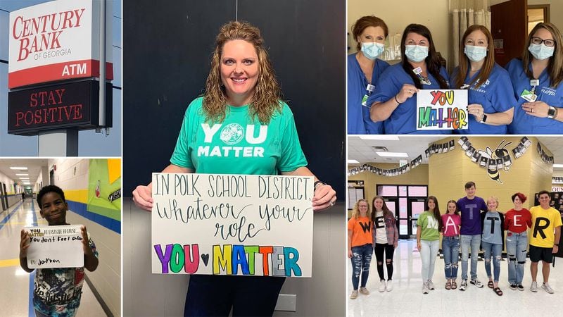 Dr. Katherine M. Thomas (center), superintendent for the Polk County School District, holds a "You Matter" sign as part of a community-wide messaging campaign. The district, which has 10 schools, now has an average of 350 students seeing therapists at any given time. (Courtesy of Polke County School District)