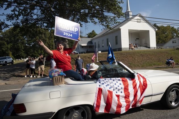 Patricia Vahey, secretary for the Republican Women of Banks County, rides in the Labor Day parade in Homer on Aug. 31.   (Ben Gray / Ben@BenGray.com)