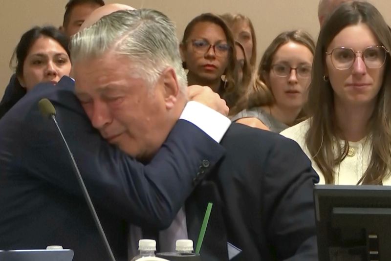 Actor Alec Baldwin reacts after the judge threw out the involuntary manslaughter case for the 2021 fatal shooting of cinematographer Halyna Hutchins during filming of the Western movie "Rust," Friday, July 12, 2024, at Santa Fe County District Court in Santa Fe, N.M. (Pool Video via AP)