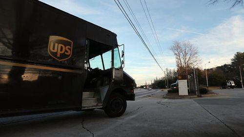 UPS delivery trucks returning to the UPS facility on Pleasantdale Rd in Doraville.