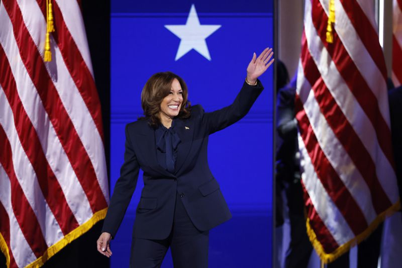 Democratic presidential nominee Vice President Kamala Harris waves during the Democratic National Convention Thursday, Aug. 22, 2024, in Chicago.(Gabrielle Lurie/San Francisco Chronicle via AP)