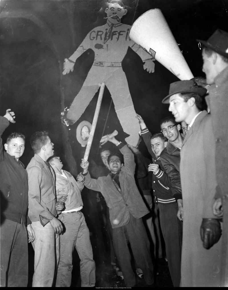 Georgia Gov. Marvin Griffin opposed the Georgia Tech Yellow Jackets football team taking the field for the 1956 Sugar Bowl because its opponent, the University of Pittsburgh Panthers, had a Black player, Bobby Grier. Tech students protested in late 1955 with a Griffin effigy. (Photo by Bill Young from the AJC archives)
