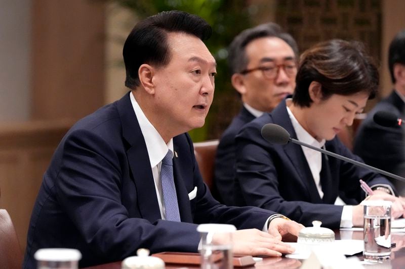 South Korean President Yoon Suk Yeol meets Japanese Prime Minister Fumio Kishida during a meeting at the Presidential Office in Seoul, South Korea, Friday, Sept. 6, 2024. (AP Photo/Lee Jin-man, Pool)