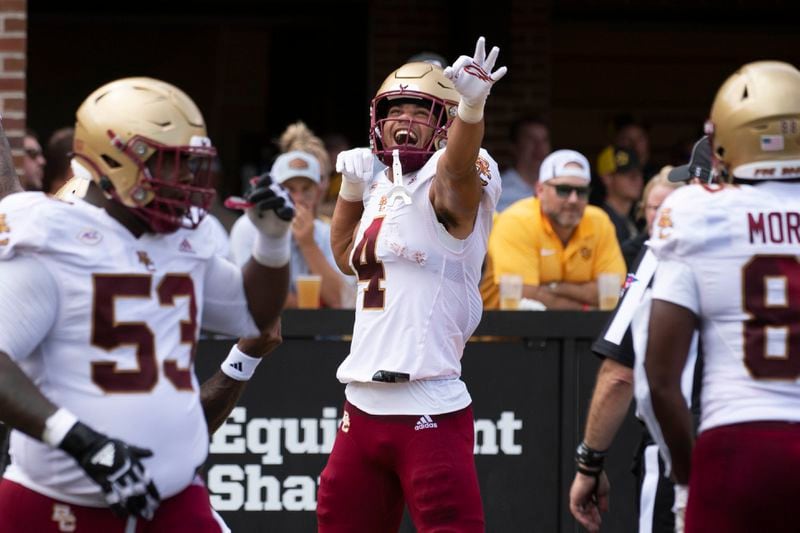 Boston College wide receiver Reed Harris (4) celebrates his touchdown during the first half of an NCAA college football game against Missouri, Saturday, Sept. 14, 2024, in Columbia, Mo. (AP Photo/L.G. Patterson)