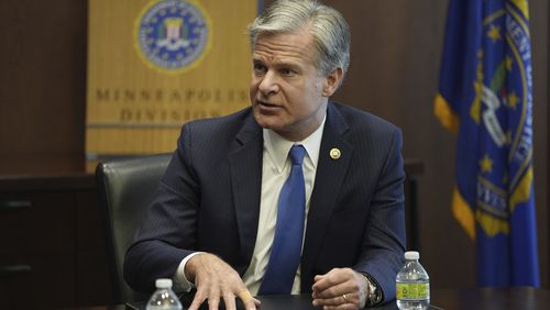 FBI Director Christopher Wray answers questions during an interview, Wednesday, Aug. 21, 2024, in Brooklyn Center, Minn. (AP Photo/Abbie Parr)