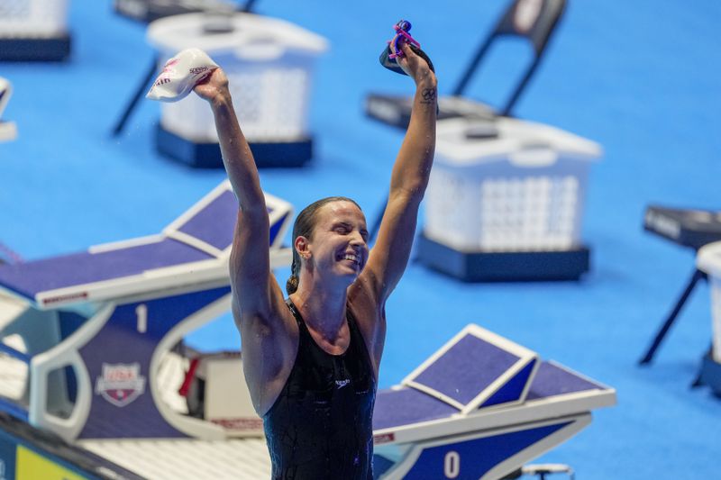 Regan Smith reacts after winning the Women's 200 backstroke finals Friday, June 21, 2024, at the US Swimming Olympic Trials in Indianapolis. (AP Photo/Darron Cummings)