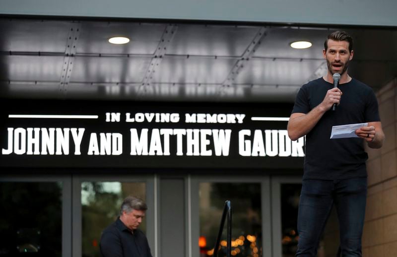 Columbus Blue Jackets player Boone Jenner speaks during the candlelight vigil to honor Columbus Blue Jackets hockey player Johnny Gaudreau, Thursday, Sept. 4, 2024, outside of Nationwide Arena in Columbus, Ohio. Gaudreau and his brother Matthew were killed by a motor vehicle last week while riding bicycles. (AP Photo/Joe Maiorana)