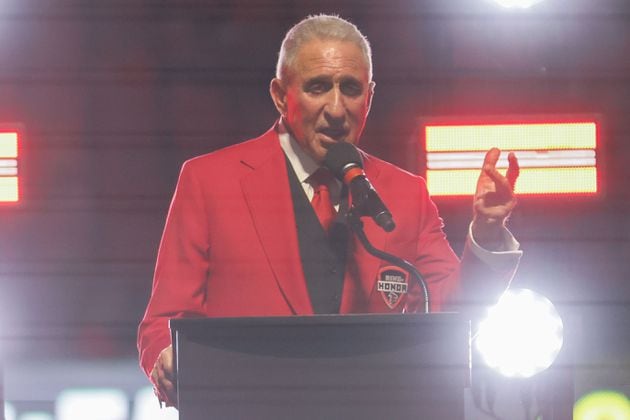 Falcons owner Arthur Blank speaks after being inducted into the team’s Ring of Honor during halftime of a game against the Chiefs on Sunday, Sept. 22, 2024, at Mercedes-Benz Stadium in Atlanta. 

(Miguel Martinez/ AJC)
