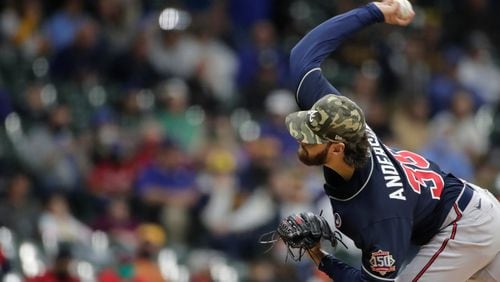 Atlanta Braves' Ian Anderson pitches during the first inning of the team's baseball game against the Milwaukee Brewers on Saturday, May 15, 2021, in Milwaukee. (AP Photo/Aaron Gash)