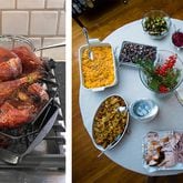 Memories from past Thanksgivings include: a turkey cooked on a Big Green Egg in 2021 (left) and a holiday spread from 2017. Henri Hollis/henri.hollis@ajc.com