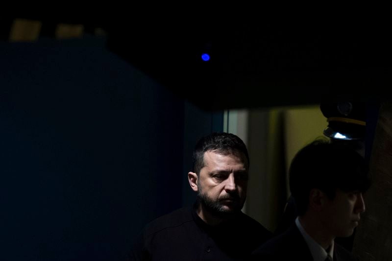 Ukraine President Volodymyr Zelenskyy arrives to address the 79th session of the United Nations General Assembly, Wednesday, Sept. 25, 2024, at the UN headquarters. (AP Photo/Julia Demaree Nikhinson)