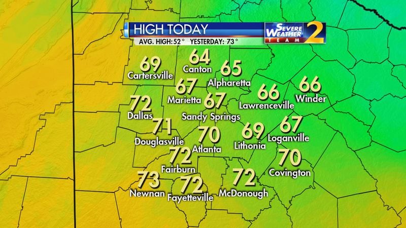 Highs will reach the 70s Monday in metro Atlanta. (Credit: Channel 2 Action News)