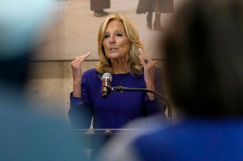 First lady Jill Biden speaks at the Smithsonian's National Museum of American History in Washington, Wednesday, July 10, 2024, during an event with spouses of NATO leaders as part of the NATO Summit. (AP Photo/Susan Walsh)