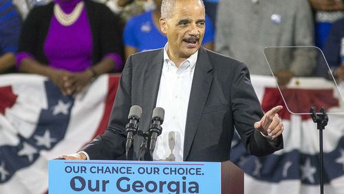 11/02/2018 -- Atlanta, Georgia -- Former U.S. Attorney General Eric Holder speaks during a rally for gubernatorial candidate Stacey Abrams in Forbes Arena at Morehouse College, Friday, November 2, 2018.  (ALYSSA POINTER/ALYSSA.POINTER@AJC.COM)