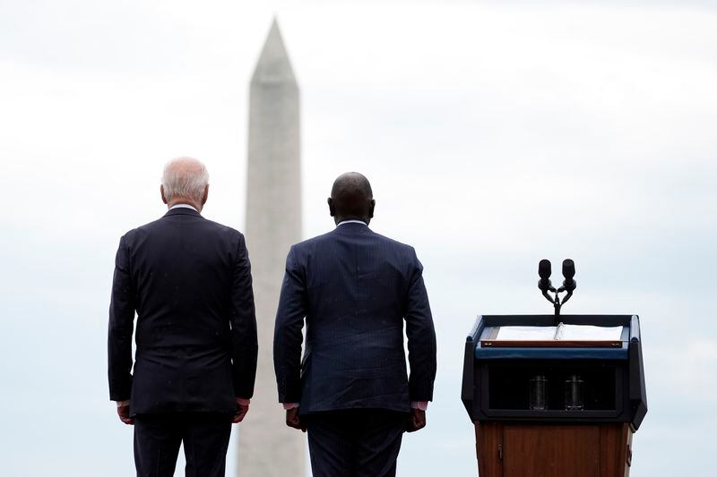 President Joe Biden and Kenya's President William Ruto participate in a State Arrival Ceremony on the South Lawn of the White House, Thursday, May 23, 2024, in Washington, with the Washington Monument in the background. (AP Photo/Evan Vucci)