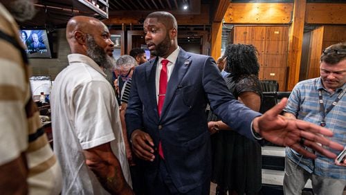 Florida Congressman Byron Donalds (right) interacts with the audience at a Black Republicans outreach event in Fairburn, Georgia on Wednesday.
