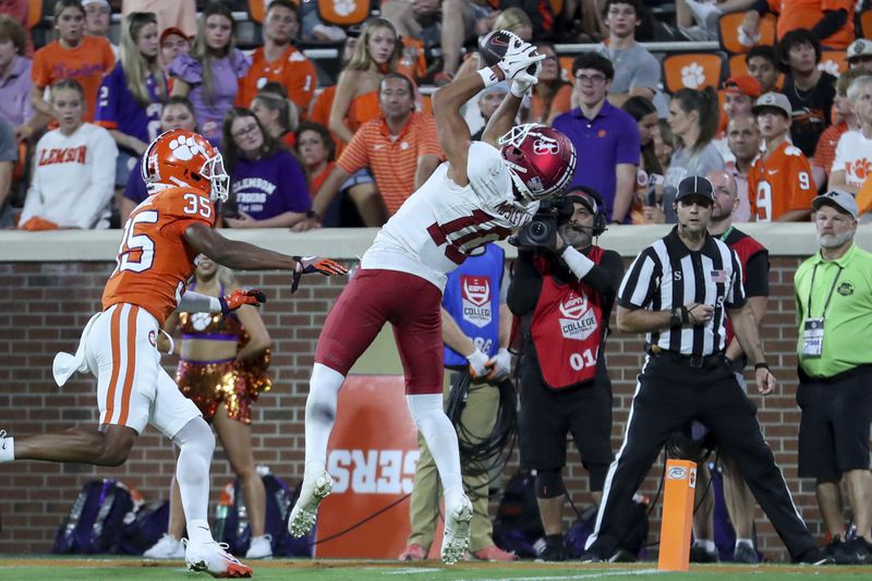 Stanford wide receiver Emmett Mosley V (10) catches a 22-yard touchdown pass over Clemson cornerback Austin Randall (35) during the second half of an NCAA college football game, Saturday, Sept. 28, 2024, in Clemson, S.C. (AP Photo/Artie Walker Jr.)