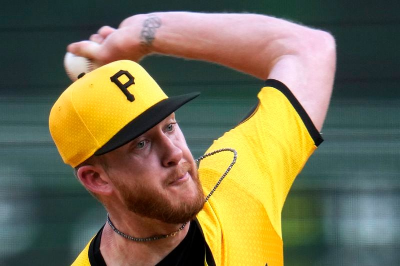 Pittsburgh Pirates starting pitcher Bailey Falter delivers during the first inning of the team's baseball game against the Atlanta Braves in Pittsburgh, Friday, May 24, 2024. (AP Photo/Gene J. Puskar)