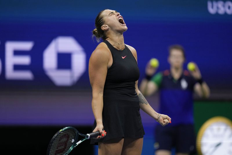 Aryna Sabalenka, of Belarus, reacts against Emma Navarro, of the United States, during the women's singles semifinals of the U.S. Open tennis championships, Thursday, Sept. 5, 2024, in New York. (AP Photo/Seth Wenig)