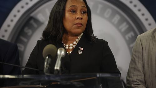 Atlanta DA Fani Willis answers questions for the press after the indictment of former President Trump and 18 others at Fulton County Courthouse on Monday, August 14, 2023 in Atlanta. (Michael Blackshire/Michael.blackshire@ajc.com)