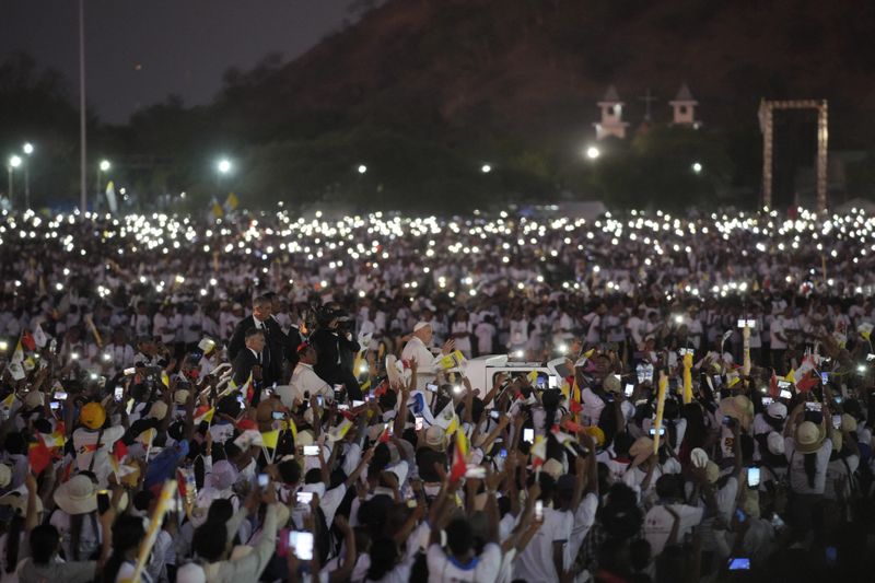 Pope Francis leaves after leading a holy mass at Tasitolu park in Dili, East Timor, Tuesday, Sept. 10, 2024. (AP Photo/Dita Alangkara, Pool)