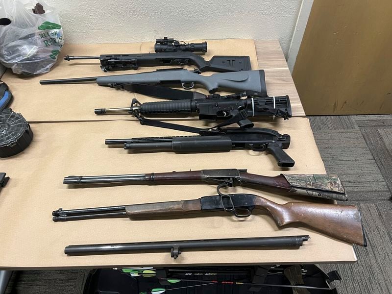 This photo provided by the Monterey County Sheriff's Office on Friday, Sept. 6, 2024, shows some of the weapons confiscated from the Prunedale, Calif., home of Vicente Arroyo, suspected killing dozens of animals. (Monterey County Sheriff's Office via AP)