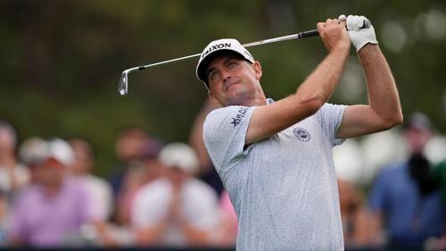 Keegan Bradley hits from the 16th tee during the third round of the BMW Championship golf event at Castle Pines Golf Club, Saturday, Aug. 24, 2024, in Castle Rock, Colo. (AP Photo/Matt York)