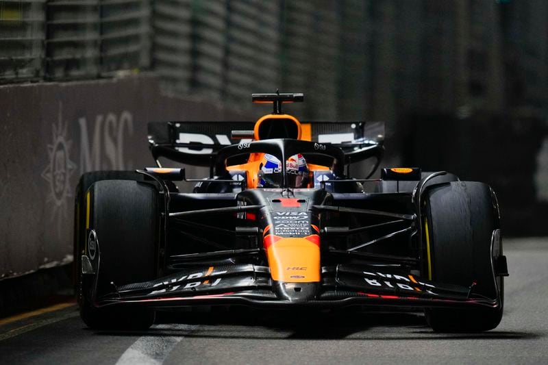 Red Bull driver Max Verstappen of the Netherlands steers his car during the Singapore Formula One Grand Prix at the Marina Bay Street Circuit, in Singapore, Sunday, Sept. 22, 2024. (AP Photo/Vincent Thian)