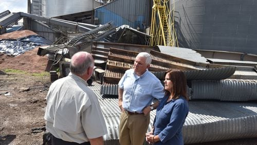 Vice President Mike Pence met employees at Flint River Mills in Bainbridge a few days after Hurricane Michael hit southwest Georgia in 2018. HYOSUB SHIN / HSHIN@AJC.COM