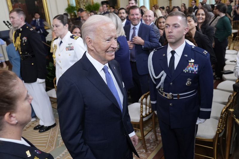 President Joe Biden walks out of the East Room of the White House in Washington, Monday, Sept. 23, 2024, following and event to welcome the NJ/NY Gotham FC and celebrate their 2023 NWSL championship. (AP Photo/Susan Walsh)