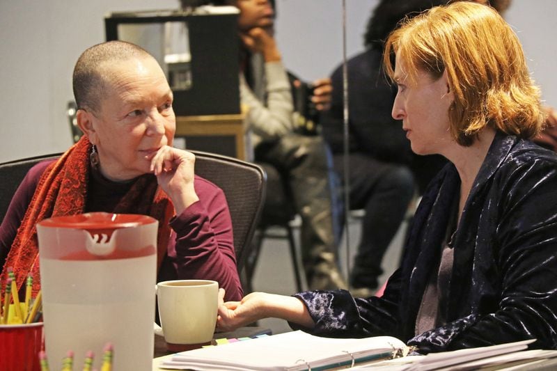 Playwright Pearl Cleage and Alliance Theatre Director Susan V. Booth talk during a rehearsal of Cleage’s new play “Angry, Raucous, and Shamelessly Gorgeous”.