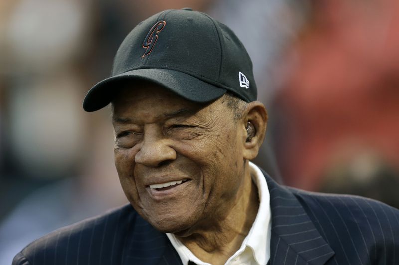FILE - Baseball great Willie Mays smiles prior to a game between the New York Mets and the San Francisco Giants in San Francisco, Aug. 19, 2016.  (AP Photo/Ben Margot, File)